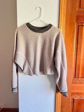 Vintage Havana Beige Boucle Crop Sweatshirt Striped Knit Trim Small USA Made
